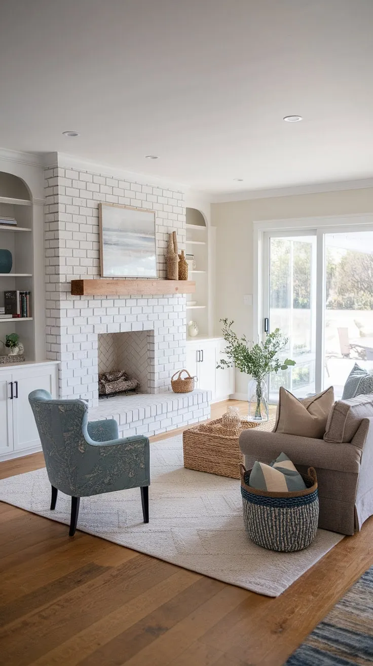 Coastal farmhouse living at its finest. The calming grey sofa, pops of blue, and the natural light streaming in through the sliding glass door create a serene and inviting atmosphere. A perfect blend of rustic charm and modern comfort.