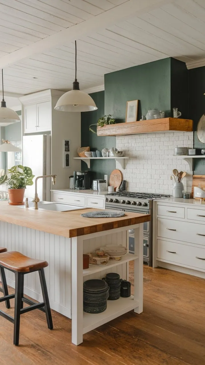 This kitchen harmoniously fuses rustic charm with modern elegance, featuring a striking dark green accent wall and inviting white cabinetry that evoke a relaxed coastal vibe.