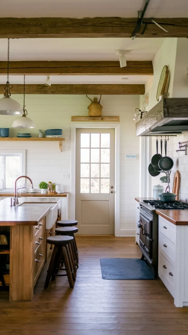 Bathed in sunlight, this coastal farmhouse kitchen beautifully marries rustic charm with modern functionality, setting the stage for culinary adventures and cherished memories.
