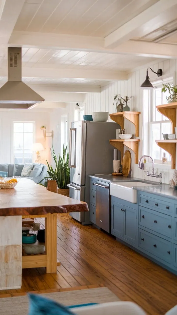 This kitchen beautifully marries coastal farmhouse charm with modern functionality, featuring a raw-edge island and blue cabinetry that invite warmth and style while connecting seamlessly to the cozy living area.