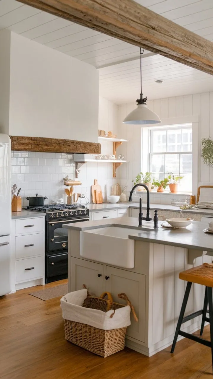 This kitchen beautifully marries modern elegance with rustic coastal charm, showcasing a harmonious blend of warm wood, crisp whites, and sleek grays.