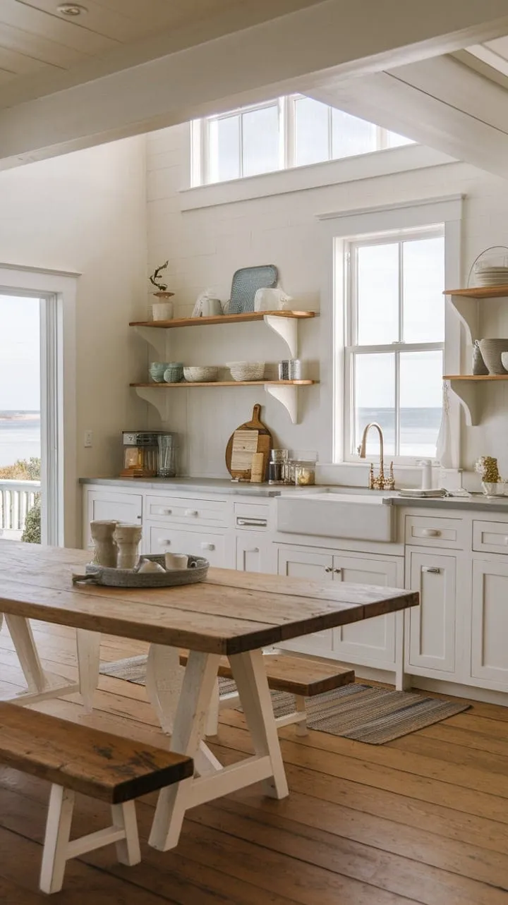 This enchanting New England coastal farmhouse kitchen harmoniously fuses rustic charm with modern elegance, framed by ocean views and a welcoming wooden table.
