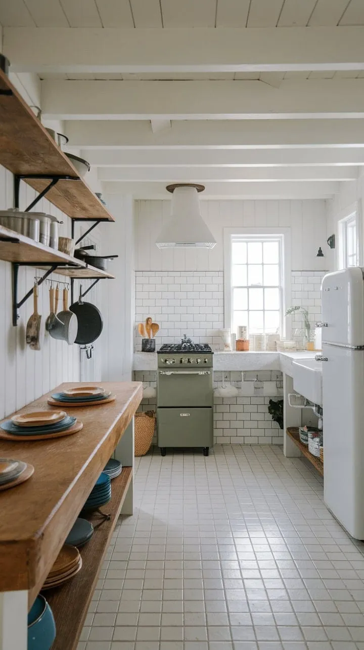 This coastal farmhouse kitchen blends modern practicality with rustic charm, creating a serene haven for culinary creativity bathed in natural light and warm wood accents.