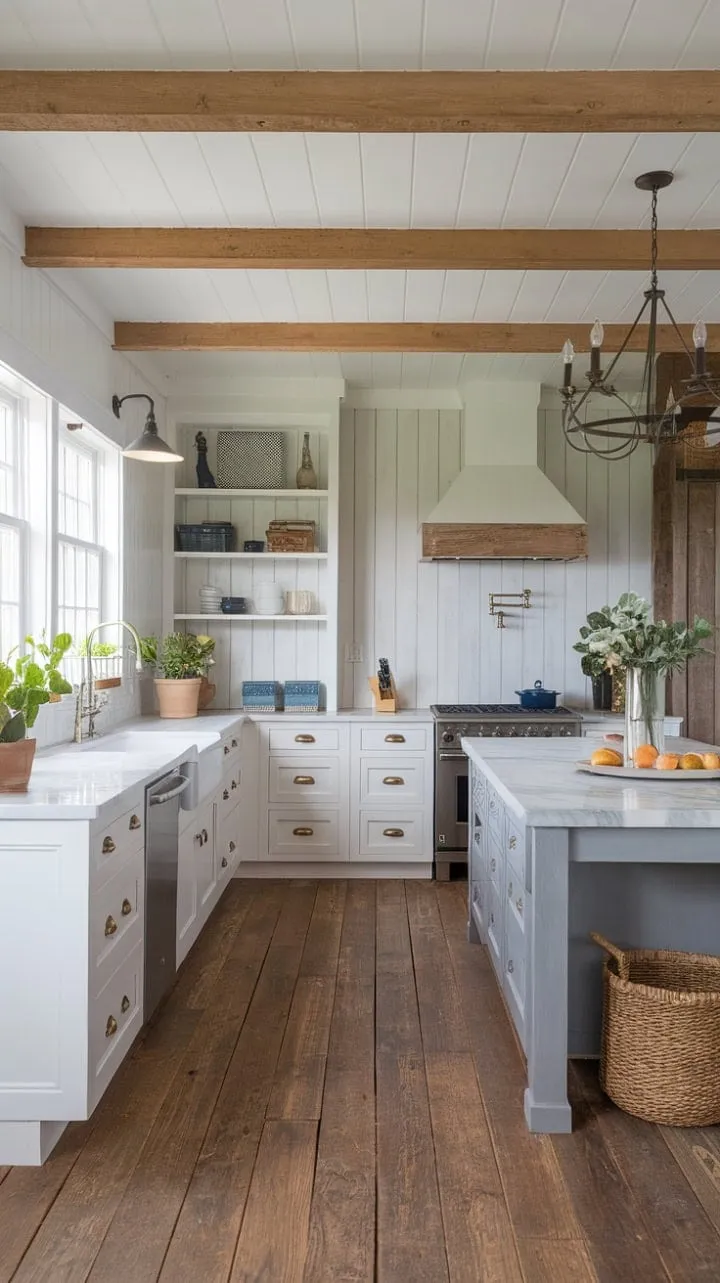 This kitchen beautifully fuses coastal farmhouse charm with modern convenience, showcasing a stylish blend of white cabinetry, a gray island, and rustic wood accents for a uniquely inviting atmosphere.