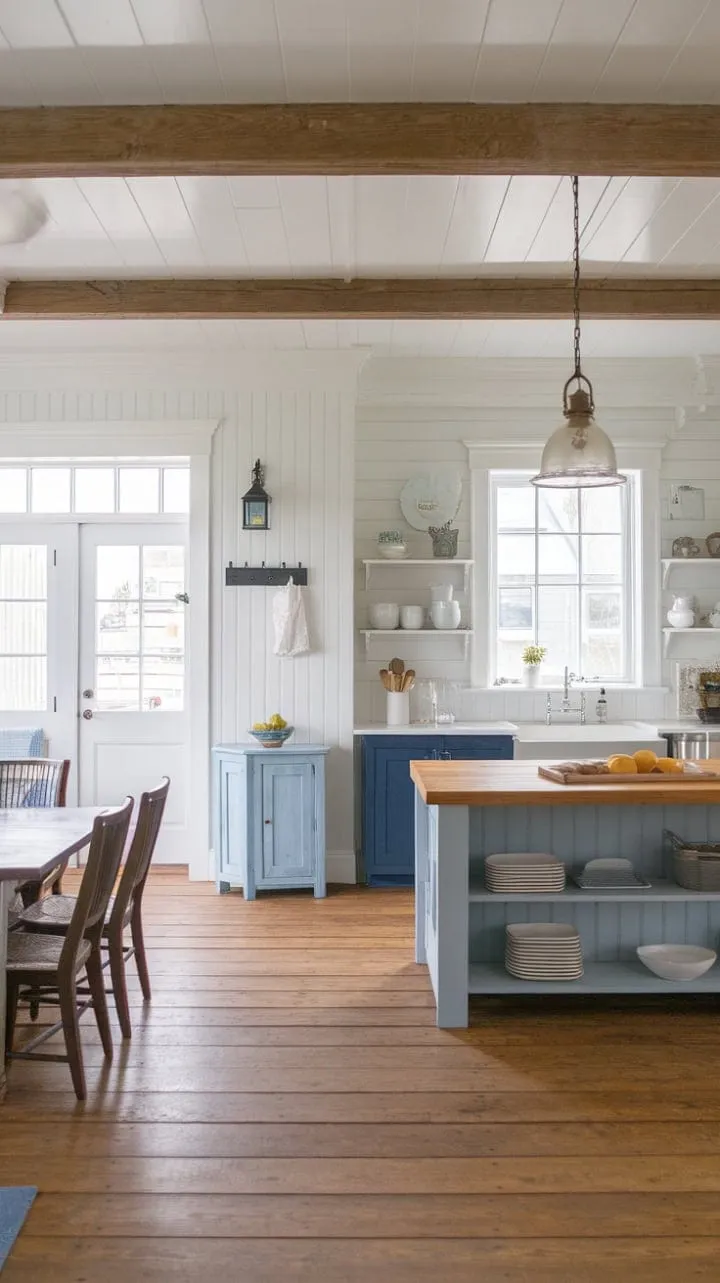 Bathed in sunlight, this modern rustic coastal farmhouse kitchen seamlessly fuses New England charm with contemporary elegance, making it an inviting hub for family and friends.
