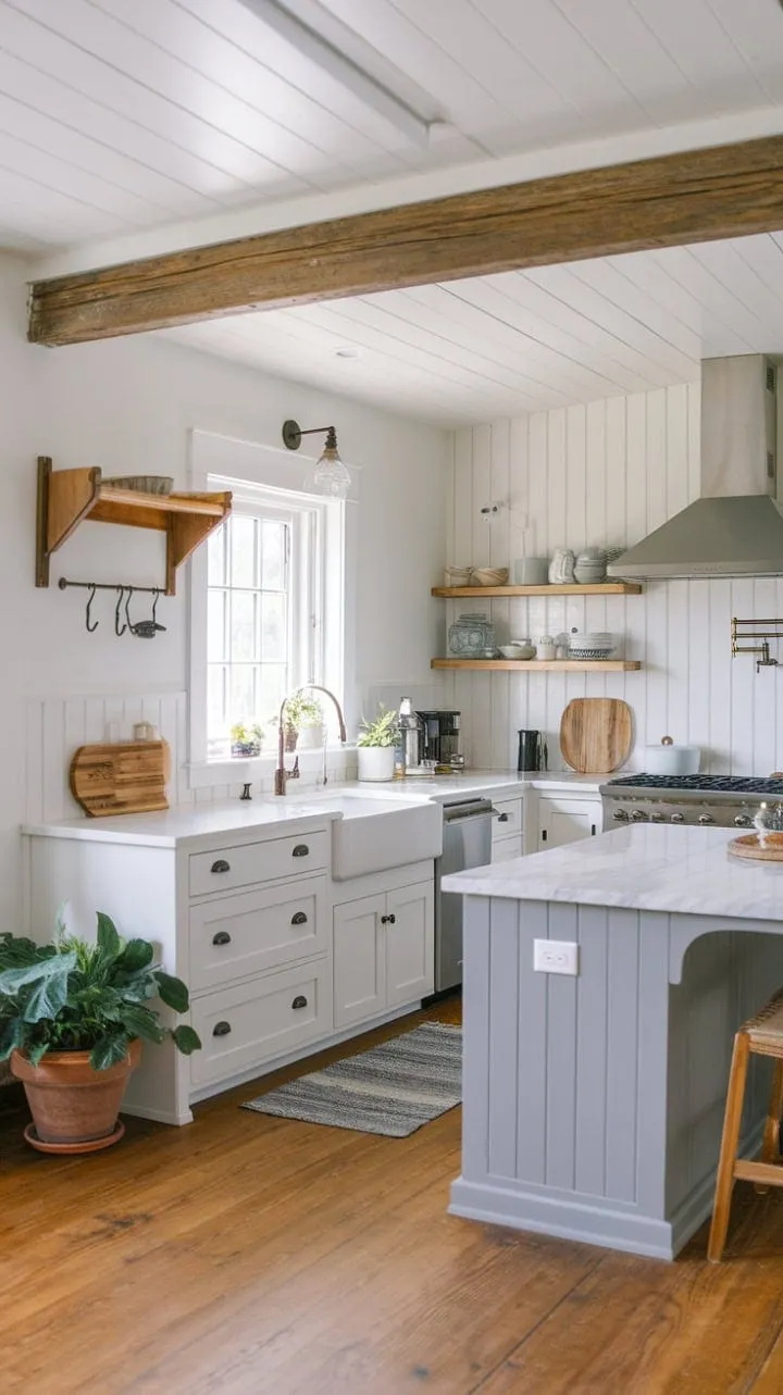 This coastal farmhouse kitchen beautifully marries modern elegance with rustic charm through its gray island, white cabinetry, and warm wood beams, creating a dreamy and inviting space.