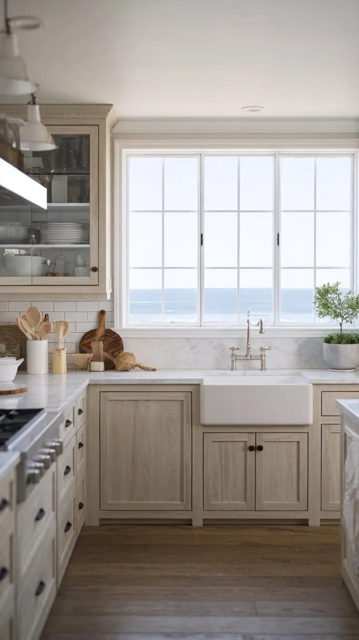 This serene modern rustic kitchen, with its light wood cabinets, marble countertops, and ocean views, invites both culinary creativity and tranquil reflection.