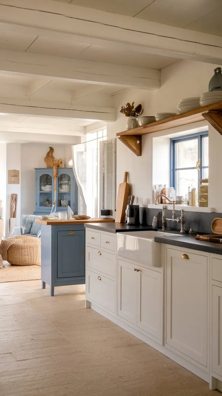 This bright kitchen beautifully fuses coastal farmhouse charm with modern convenience, featuring airy white cabinetry, gray countertops, and warm accents of blue and rustic wood.