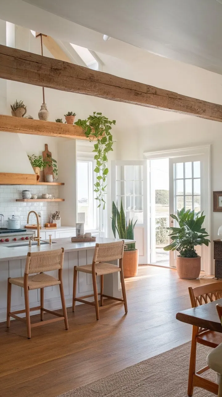 Experience the serene blend of coastal farmhouse charm and modern rustic elegance in a bright, inviting kitchen that inspires gatherings and cherished memories.