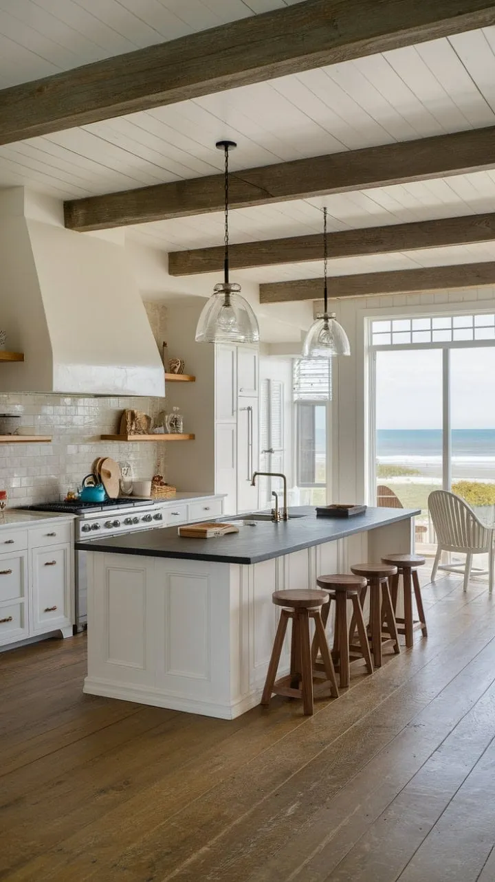 In this coastal kitchen, ocean breezes and farmhouse charm unite, featuring white cabinets, a beige backsplash, and dark countertops that frame a breathtaking view and a spacious island.