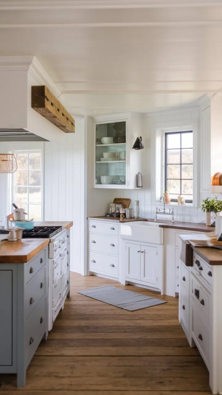 Bathed in sunlight, this coastal farmhouse kitchen blends white cabinets and a grey island with warm wooden accents, crafting a serene haven for culinary creativity and cherished memories.
