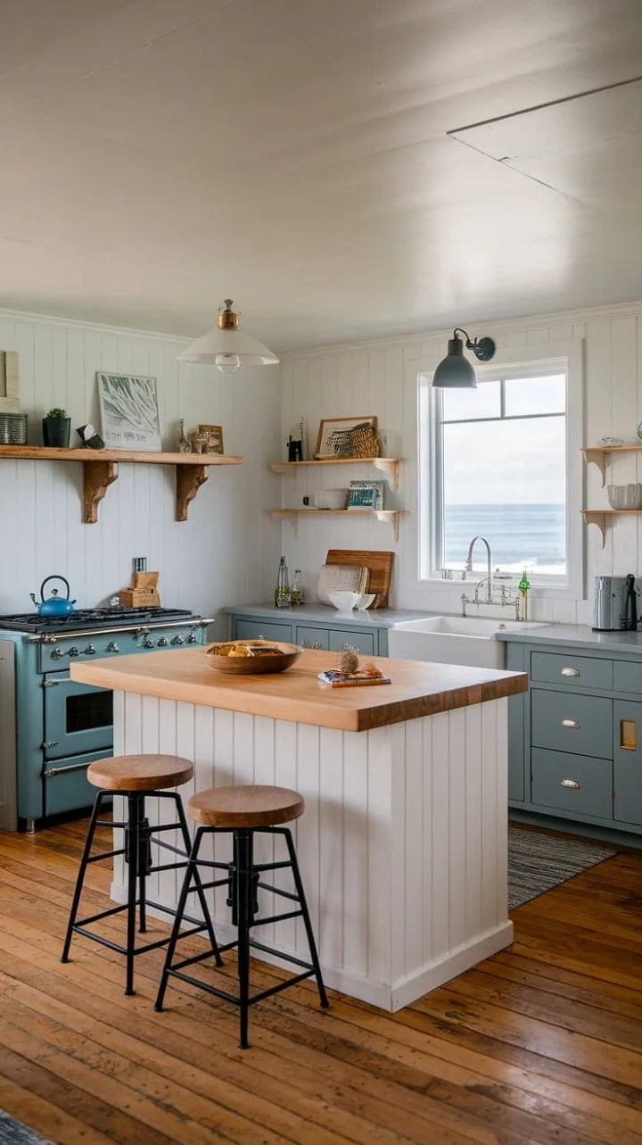 In this coastal kitchen, ocean breezes and farmhouse charm unite, featuring a modern rustic design that invites culinary creativity against a stunning seaside backdrop.