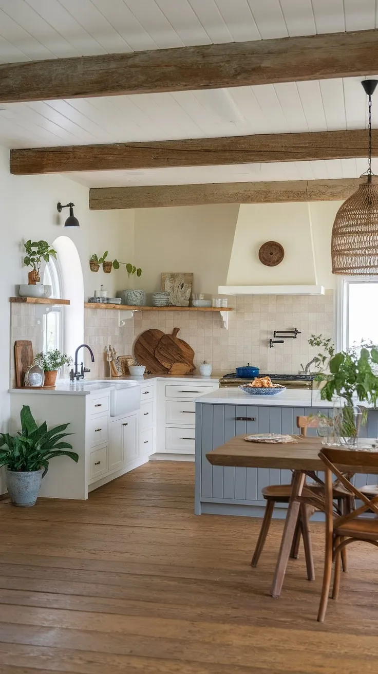 Coastal farmhouse charm meets modern rustic design in this dream kitchen. The exposed wooden beams, white cabinetry, and grey island create a space that's both elegant and inviting, perfectly complemented by the warm wood floors and a touch of greenery. A perfect blend of old-world craftsmanship and contemporary style.