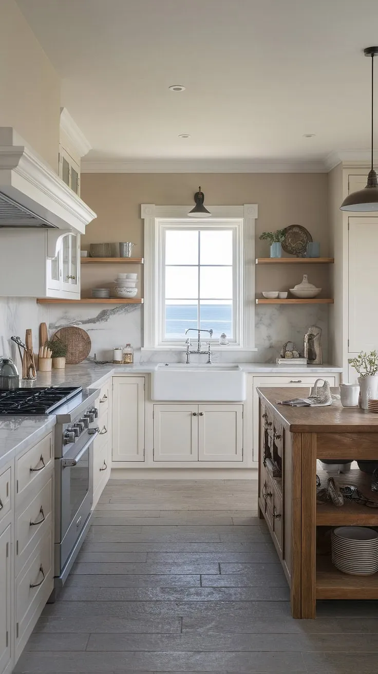 Coastal farmhouse dreams are made of this: A bright, airy kitchen with ocean views, white cabinetry, and a marble countertop that perfectly complements the rustic wooden island. The perfect blend of modern and cozy.