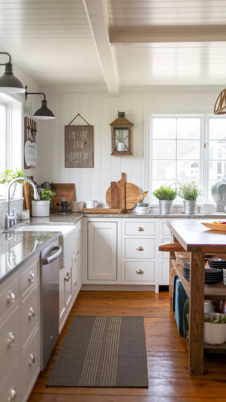 This coastal farmhouse kitchen is the epitome of relaxed elegance. White cabinets, a granite countertop, and a farmhouse sink create a clean, inviting space, while the wooden island and natural light add warmth and character. The perfect spot to unwind and enjoy the simple pleasures of life.
