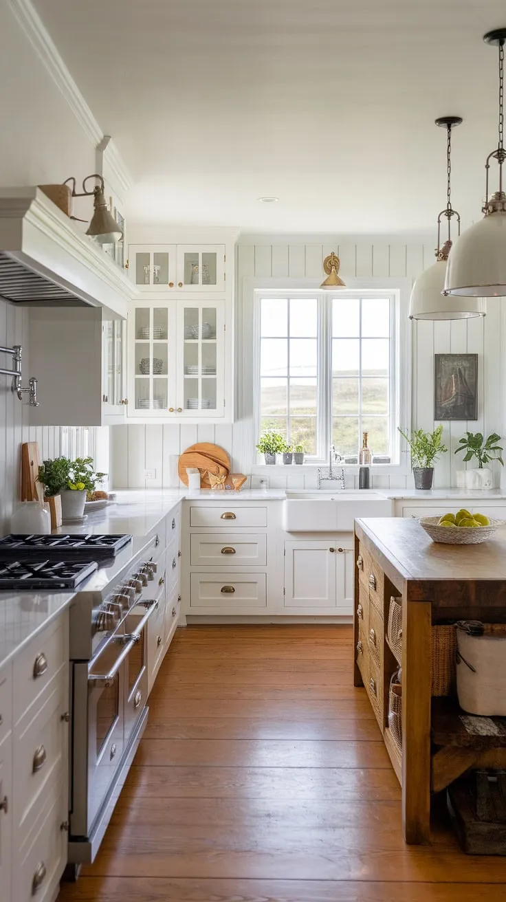 Sunlight dances across the marble countertops of this coastal farmhouse kitchen, illuminating the perfect blend of modern and rustic design. The white cabinets and farmhouse sink offer a clean aesthetic, while the wooden island and pendant lights add warmth and character. A breathtaking ocean view from the window completes this idyllic space, making it the heart of the home.