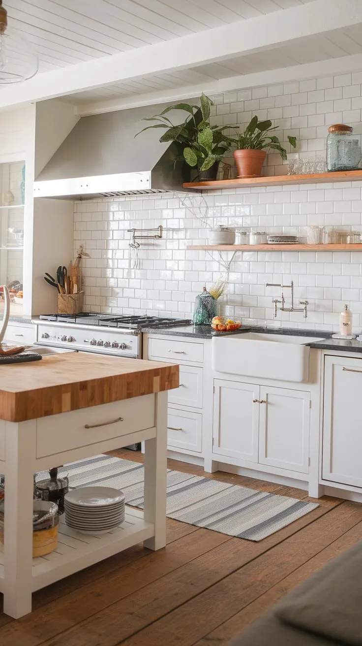 Sunlight streams into this stunning coastal farmhouse kitchen, illuminating the warmth of the wood and the clean lines of the modern design. The spacious island, complete with a butcher block countertop and a deep farmhouse sink, is the heart of this home, a place for gathering and creating lasting memories. The perfect blend of rustic charm and modern functionality.
