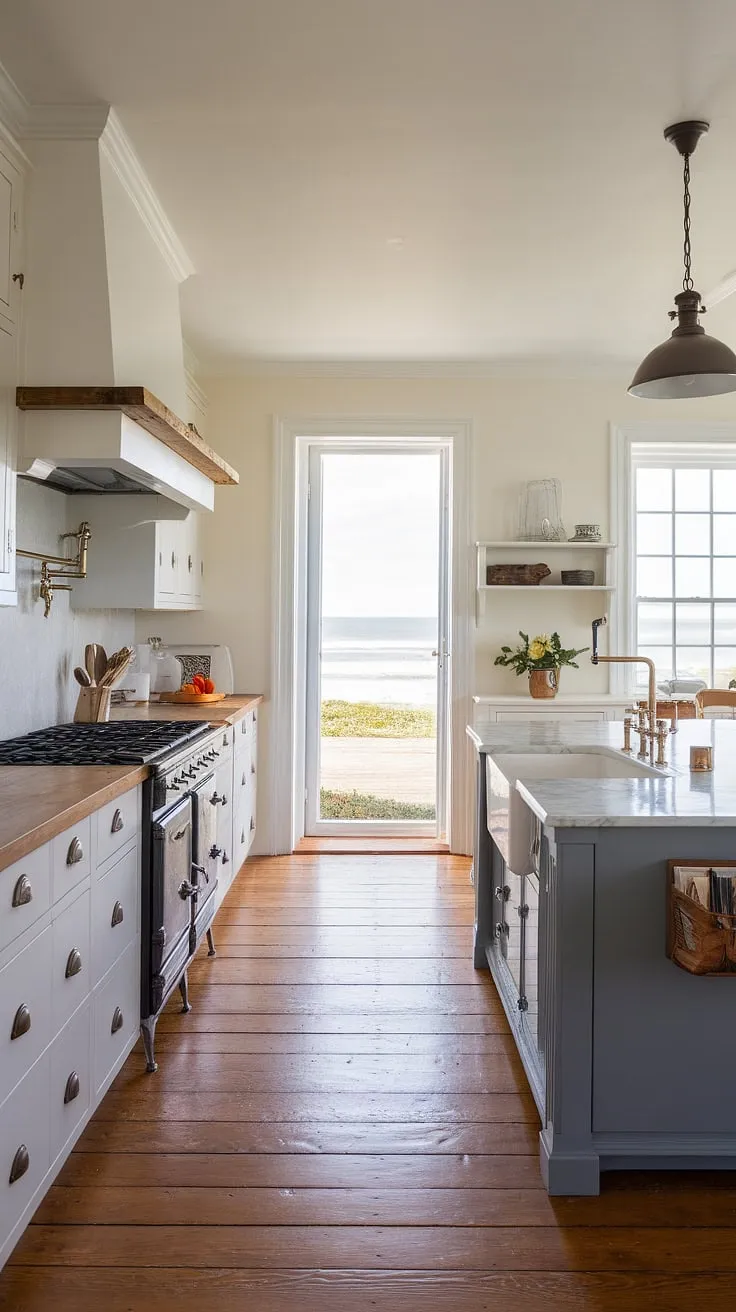 Sunlight streams through the window, illuminating this dreamy coastal farmhouse kitchen. The white walls and cabinets create a bright and airy atmosphere, while the grey island and farmhouse sink add a touch of rustic elegance. A perfect spot to start the day, overlooking the beach and the promise of another beautiful day.