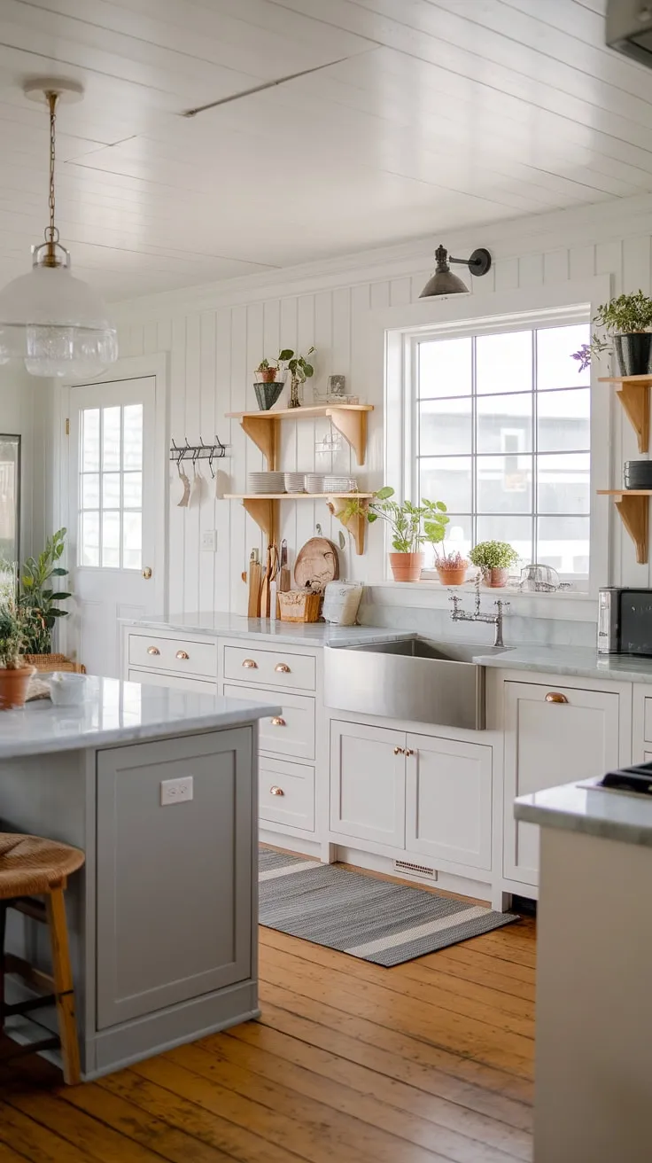 This kitchen is the heart of a coastal farmhouse dream. White cabinets and a gray island create a sophisticated contrast, while the marble countertops and stainless steel sink add a touch of modern elegance. The abundance of natural light streaming in from the window, enhanced by the greenery, makes this space feel open and welcoming. A perfect example of how rustic and modern design can coexist beautifully.