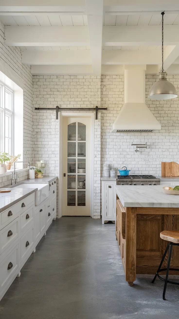 Sunlight streams into this coastal farmhouse kitchen, illuminating the whitewashed brick and gleaming marble countertops. The rustic wooden island, complete with farmhouse sink and ample pantry storage, is the heart of this perfectly balanced modern design. A testament to effortless elegance.