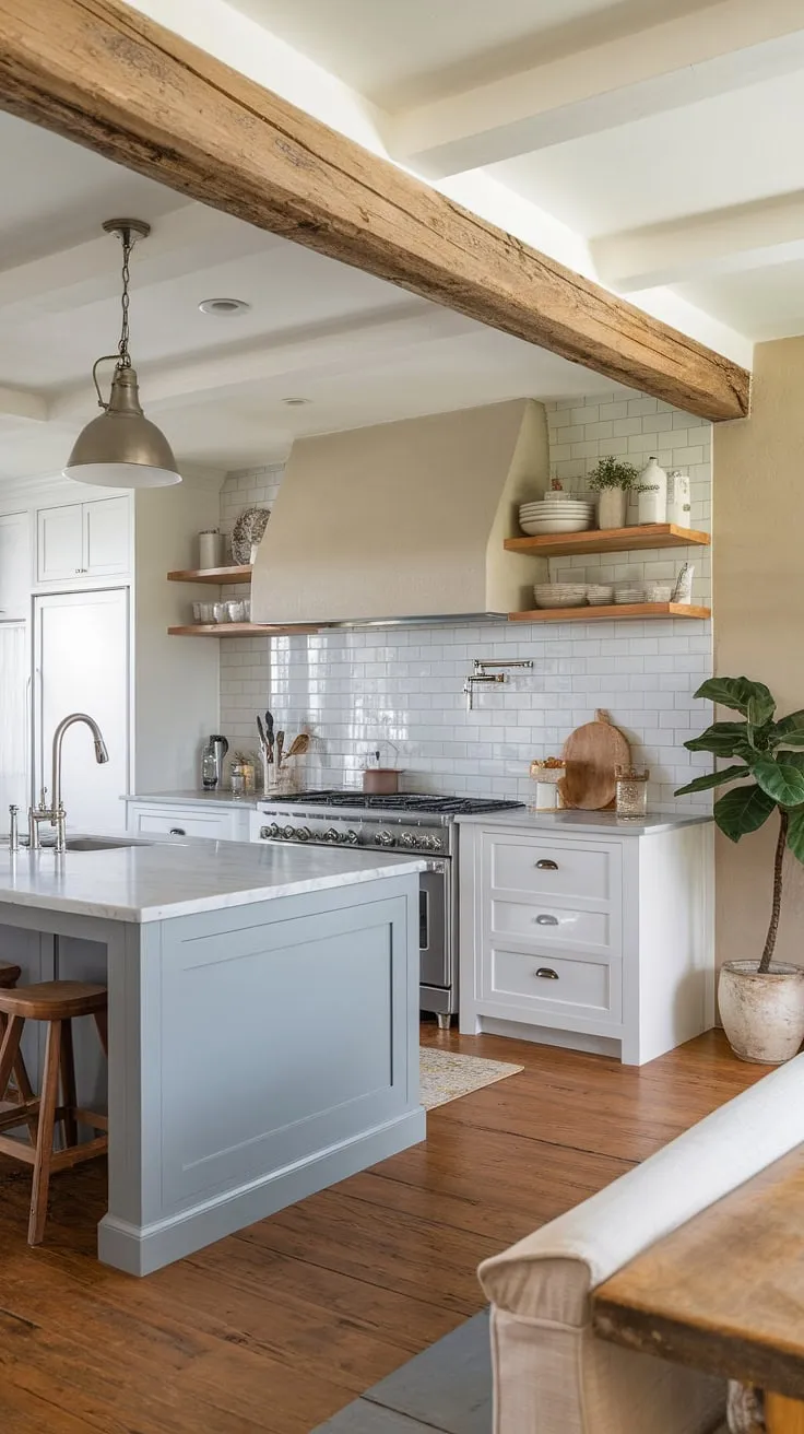 This kitchen seamlessly blends rustic and modern elements. A stunning grey island with a marble countertop anchors the space, while white cabinets and stainless steel appliances maintain a clean, contemporary feel. The exposed wooden beam and hardwood floors add warmth and character, creating a truly inviting coastal farmhouse kitchen. A simple plant adds a final touch of elegance.