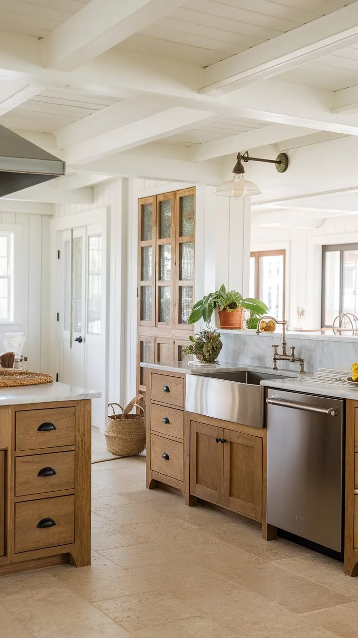 Sunlight streams into this dreamy coastal farmhouse kitchen, illuminating the warm wood cabinets and cool marble countertops. A vintage pendant light hangs above the farmhouse sink, adding a touch of nostalgic elegance. The space feels both relaxed and refined, a testament to thoughtful design and a love for the simple things. A perfect place to start the day.