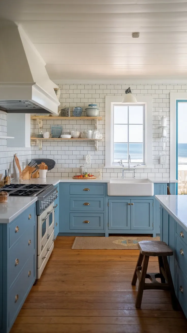 Ocean breezes and farmhouse charm collide in this coastal kitchen. The blue cabinets, white countertops, and stunning ocean view create a space where modern rusticity meets tranquil seaside living. A perfect blend of style and serenity.