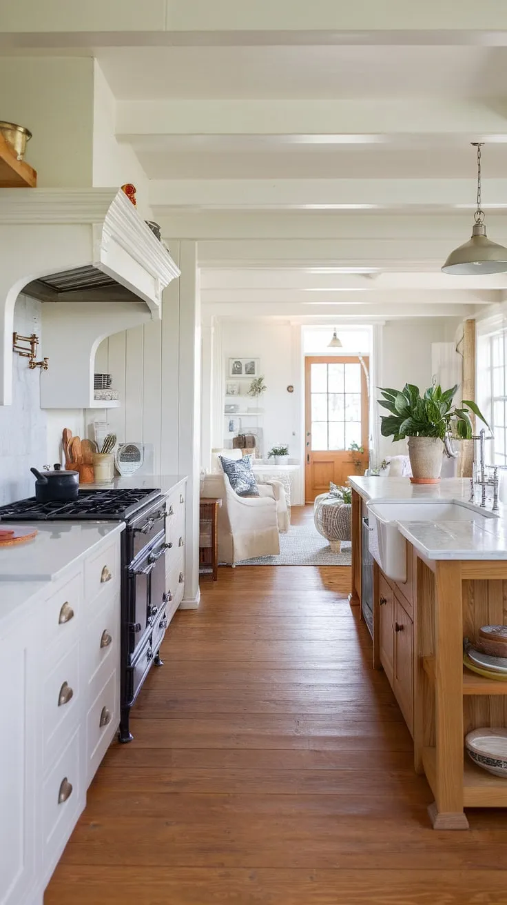 Sunlight streams into this stunning coastal farmhouse kitchen, highlighting the white cabinets, marble island, and charming details. A perfect blend of modern convenience and rustic charm, it's the ideal space for creating lasting memories.