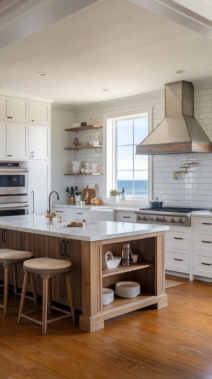 Sunlight streams in, illuminating the heart of this home: a breathtaking coastal farmhouse kitchen. A spacious island, complete with marble countertops, anchors the room, while the ocean view from the window adds a touch of serenity. A perfect space for creating memories.