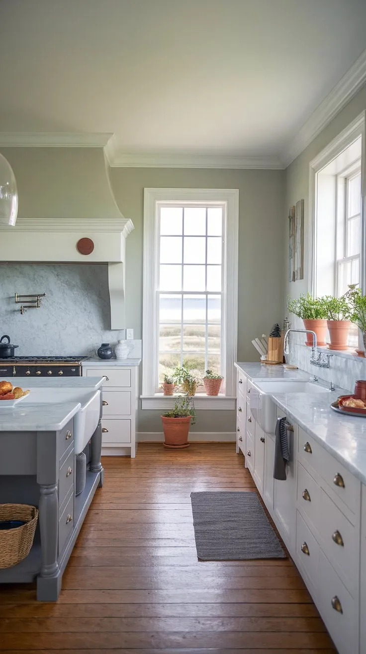 Coastal farmhouse living at its finest. The calming gray walls and white cabinets create a serene atmosphere, perfectly complemented by the gray island and marble countertops. A large window offers breathtaking views, while potted plants add a touch of nature to this stunning kitchen. This space effortlessly blends modern design with rustic charm.