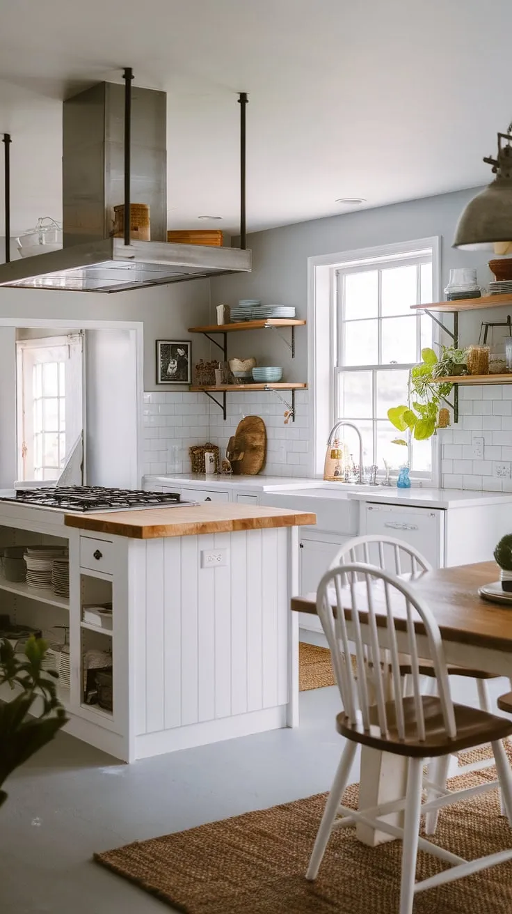 Coastal farmhouse charm meets modern practicality in this kitchen. The white island with butcher block countertop, paired with the gray walls and wooden accents, creates a space that's both stylish and functional. A perfect blend of rustic and refined.