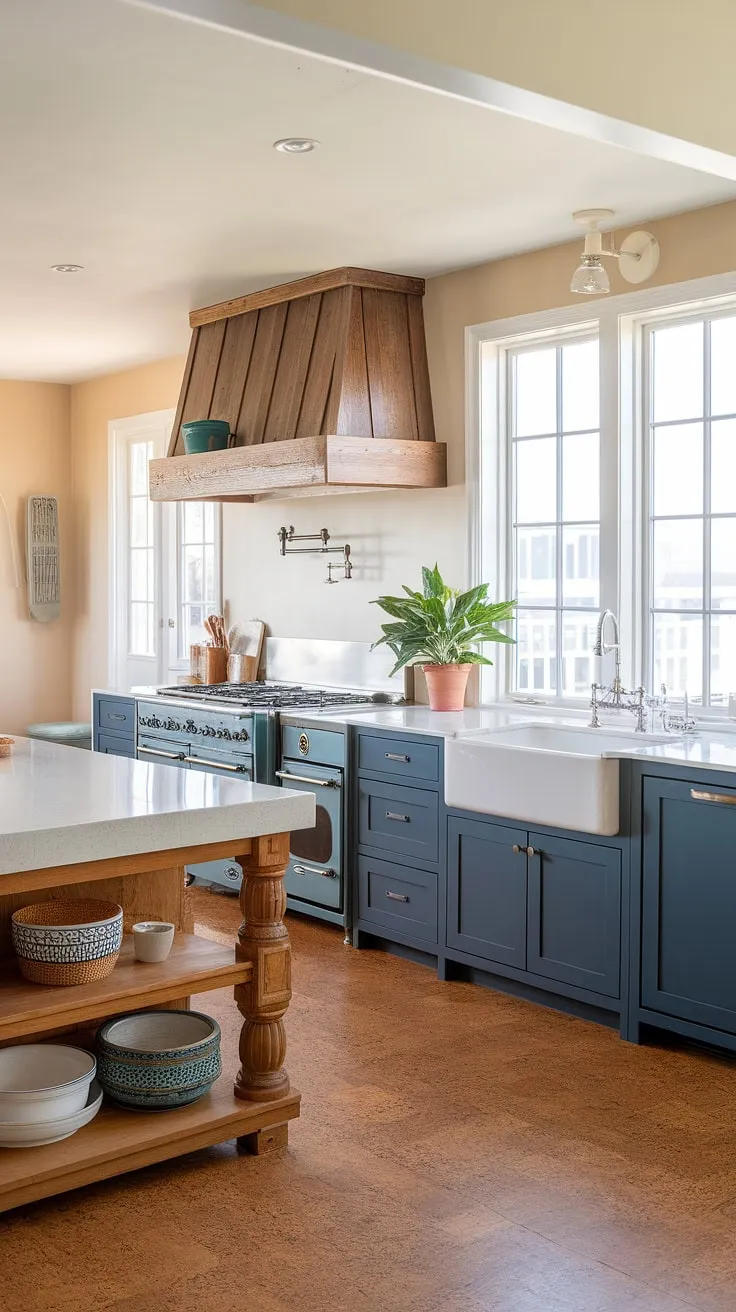 Coastal farmhouse charm meets modern convenience in this sun-drenched kitchen. The deep blue cabinetry, white quartz island, and rustic wooden hood create a stunning contrast, while the cork flooring adds warmth and texture underfoot. A perfect blend of style and functionality.