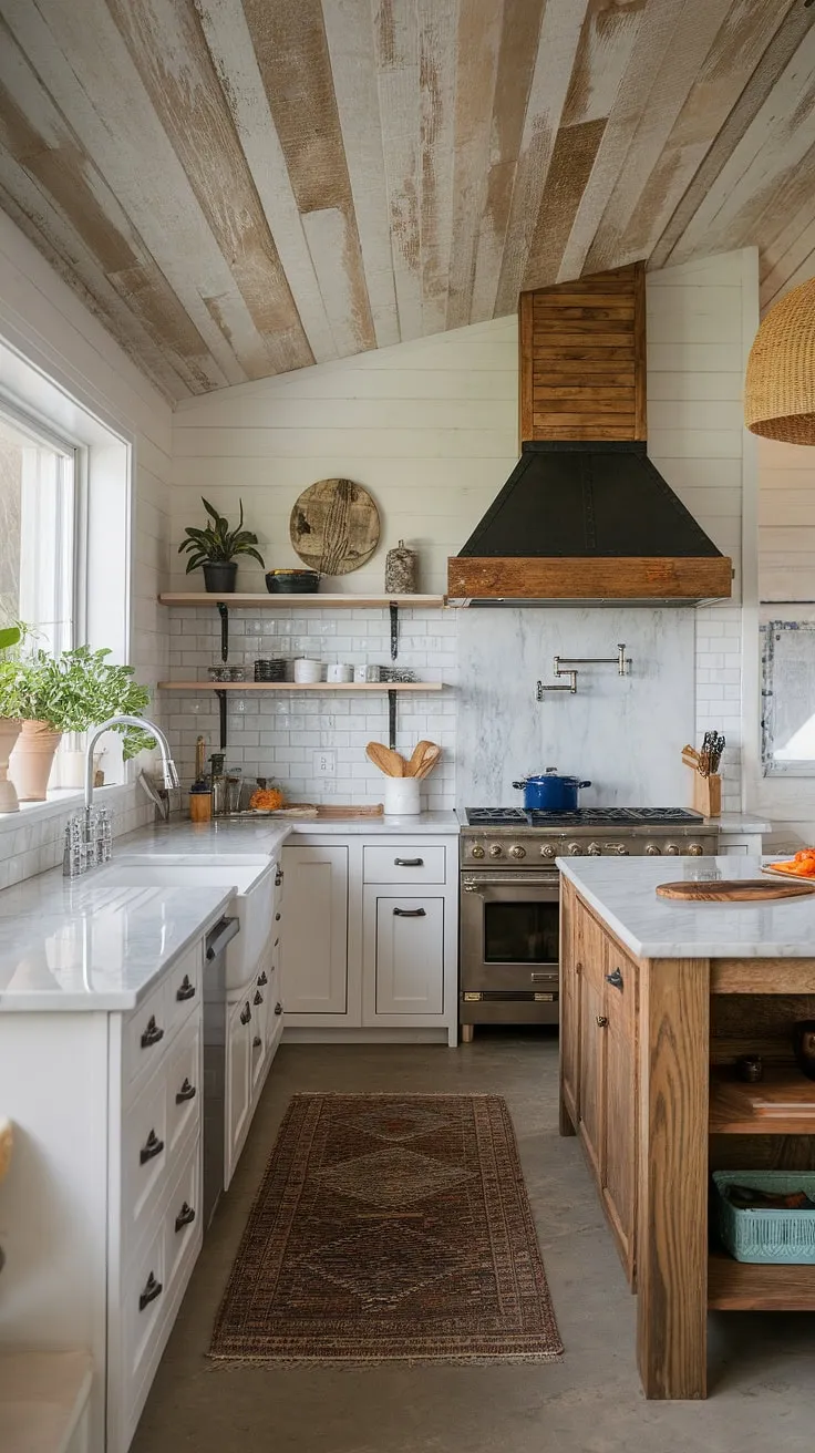 Coastal farmhouse charm meets modern rustic design in this dream kitchen. The warmth of the wood-burning range hood complements the crisp white cabinetry and marble countertops, creating a space that's both inviting and sophisticated. A large island provides ample workspace, while potted plants add a touch of nature to this beautifully appointed area. The carefully chosen details, from the wooden ceiling beams to the textured rug, contribute to the overall feeling of relaxed elegance.