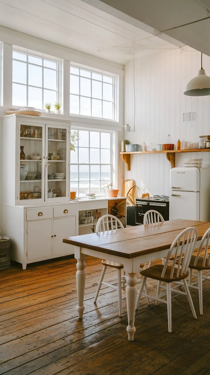 This coastal kitchen is a dream. A stunning ocean view is framed by the large windows, bathing the space in natural light. The white cabinets and black stove offer a clean contrast against the warm wood of the table and floors, creating a space that's both inviting and sophisticated. A truly idyllic setting.