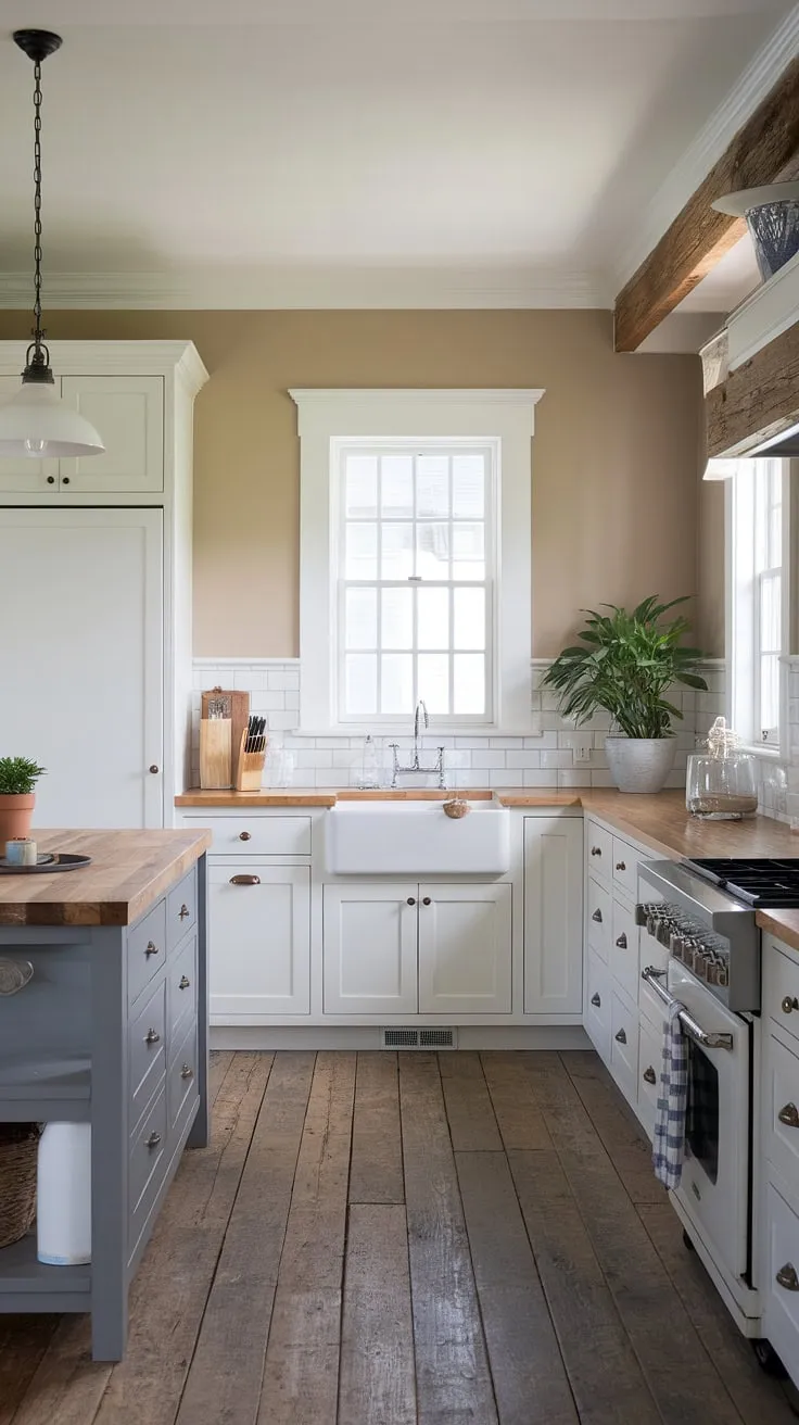 Coastal farmhouse charm meets modern rustic design in this dreamy kitchen. The weathered wood floors, white cabinets, and gray island with butcher block countertop create a space that's both inviting and stylish. A perfect blend of old and new, this kitchen is a testament to thoughtful design and a love for the simple things. The large window offers stunning views, completing this idyllic coastal escape.