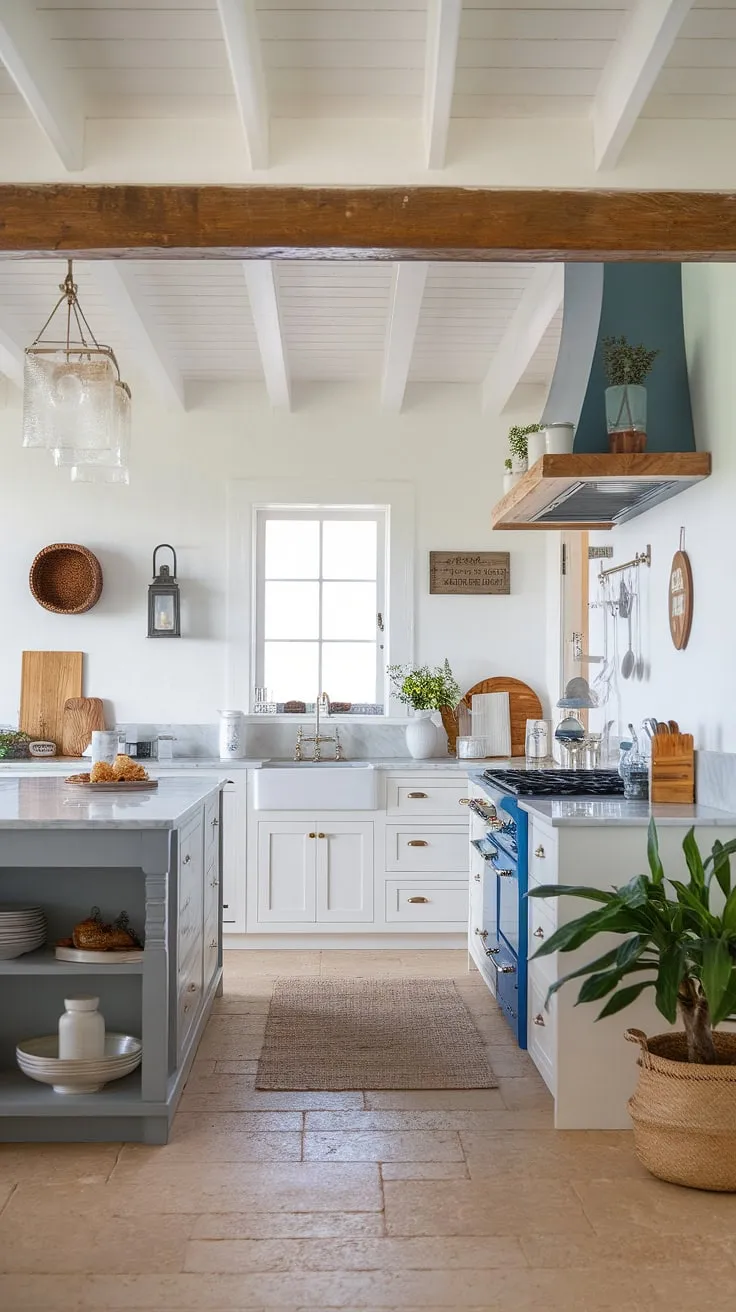 Sunlight streams into this inviting coastal farmhouse kitchen, illuminating the beautiful details. The white cabinets, grey island, and blue range hood create a serene and sophisticated atmosphere, while the wooden accents and potted plant add a touch of natural beauty. A space where memories are made and delicious meals are shared.