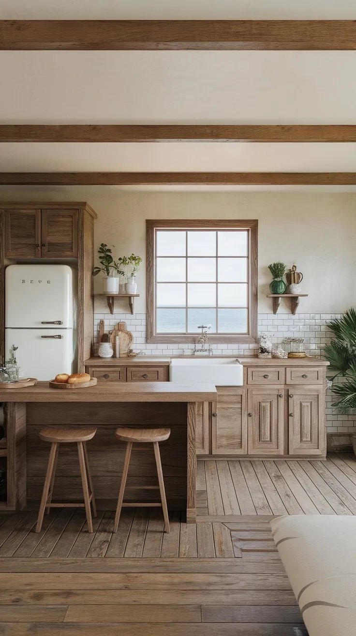 Ocean views and farmhouse charm seamlessly blend in this coastal kitchen. The warmth of the wood, the calming beige walls, and the bright, airy space create a haven for cooking and relaxation. A perfect spot to unwind after a day exploring the coast.
