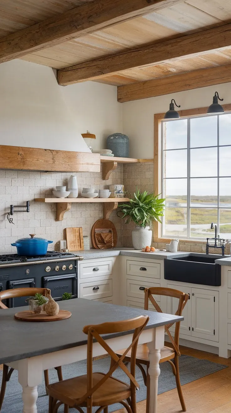 Coastal farmhouse living at its finest. The warmth of the wood beams, the calming beige backsplash, and the sleek concrete countertops create a kitchen that's both stylish and functional. A perfect spot to whip up a delicious meal, with the stunning ocean view as your inspiration. The blue Le Creuset adds a pop of color, complementing the overall aesthetic.