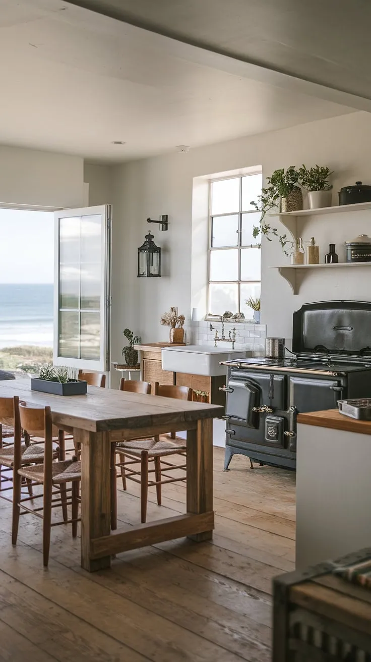 Sunlight streams through the window, illuminating the heart of this coastal farmhouse kitchen. A large wooden table anchors the space, inviting gatherings around its warm surface. The vintage stove adds character, while the ocean view provides a constant source of inspiration. A truly idyllic setting.