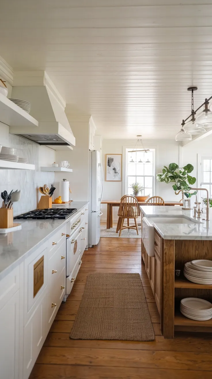 Coastal farmhouse charm meets modern convenience in this stunning kitchen. The white cabinetry and marble countertops create a bright, airy space, while the wood island and flooring add warmth and rustic character. A perfect blend of style and functionality, this kitchen is a dream come true.