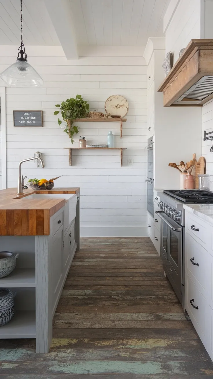 This kitchen is a testament to the beauty of blending rustic and modern design elements. The wooden island, complete with a farmhouse sink, anchors the space, while the coastal-inspired decor and floating shelves add personality and warmth. A truly inviting and functional heart of the home.