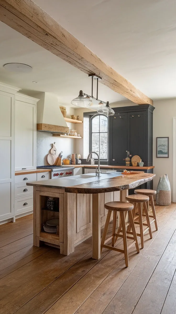 Coastal farmhouse charm meets modern functionality in this kitchen. The warmth of the wood island, complete with a farmhouse sink, is perfectly balanced by the sleek black and white cabinetry, creating a space that's both inviting and effortlessly stylish. The wide plank flooring adds to the overall rustic feel, making it the perfect place to gather and create lasting memories.