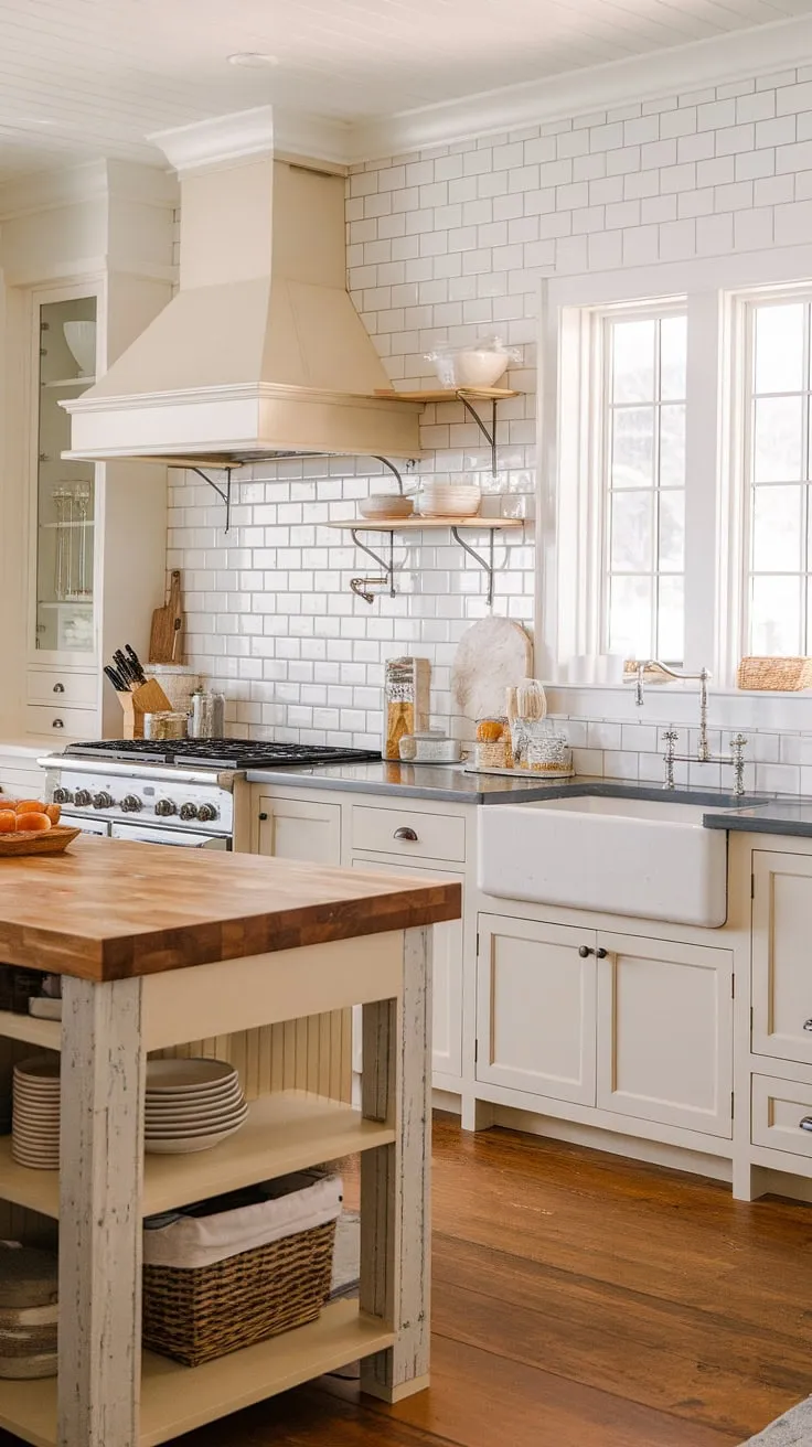 Coastal farmhouse charm meets modern functionality in this kitchen. The warmth of the wood island and butcher block countertop is perfectly balanced by the crisp white subway tile backsplash, creating a space that's both inviting and effortlessly stylish. A perfect blend of rustic and contemporary design.