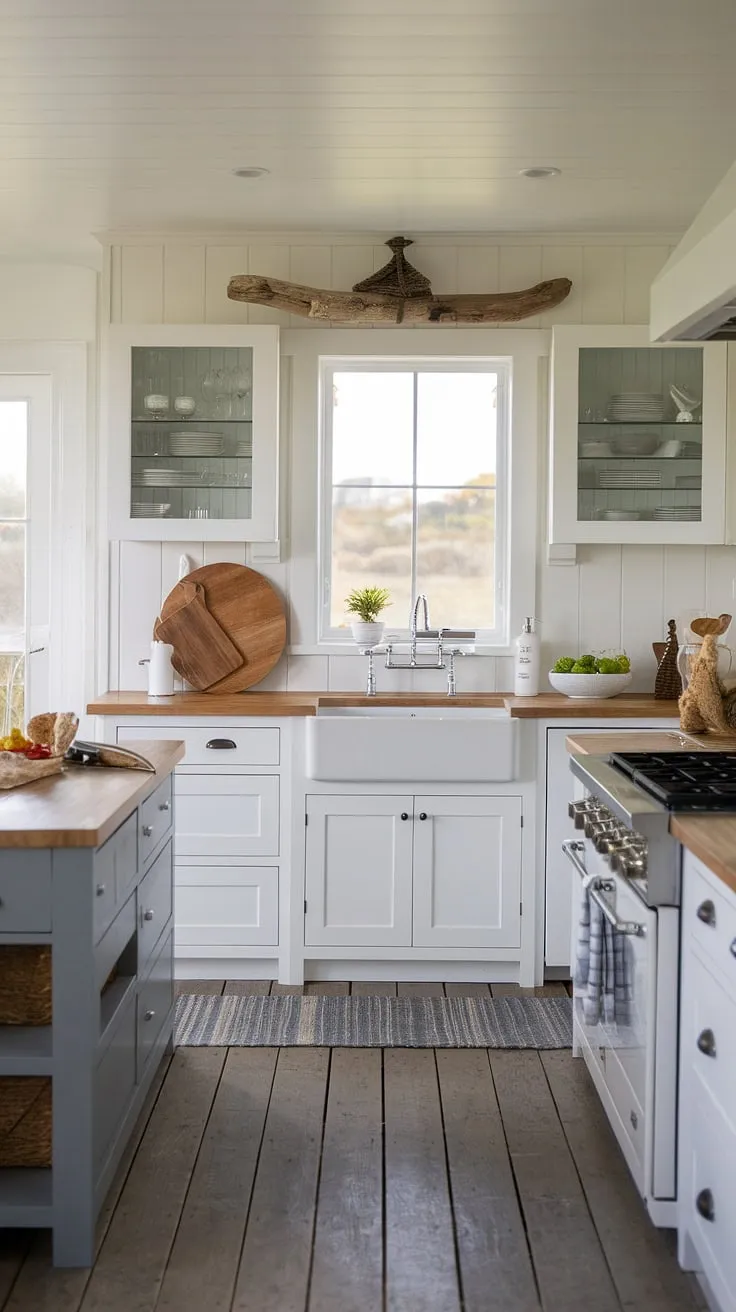 Coastal farmhouse dreams are made of this: a modern rustic kitchen where ocean breezes meet culinary inspiration. The weathered wood floors, white cabinets, and gray island create a space as calming as the view beyond the window. A simple wooden cutting board and knife await the next delicious creation, all under the watchful eye of a driftwood masterpiece.