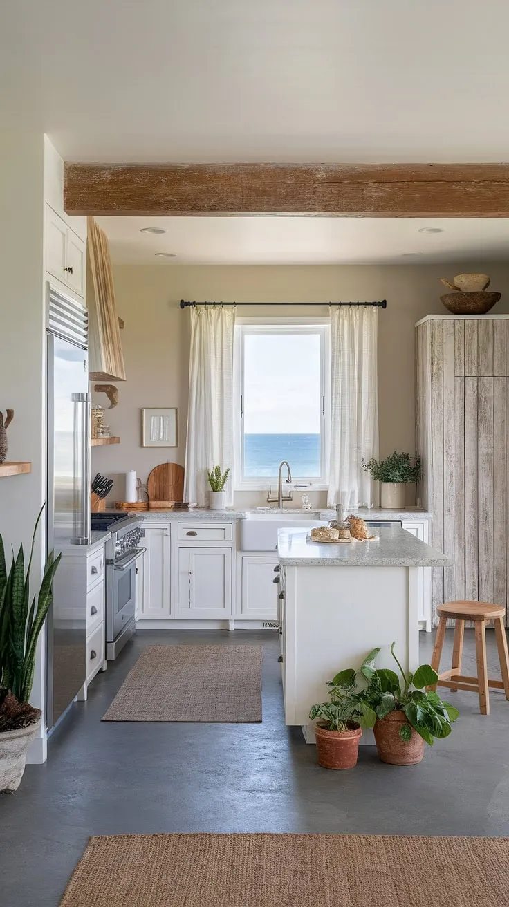 This modern rustic kitchen seamlessly blends coastal charm with contemporary design. The expansive ocean view, coupled with the warm wood tones and sleek stainless steel appliances, makes this the heart of a truly idyllic home. A tranquil escape awaits.