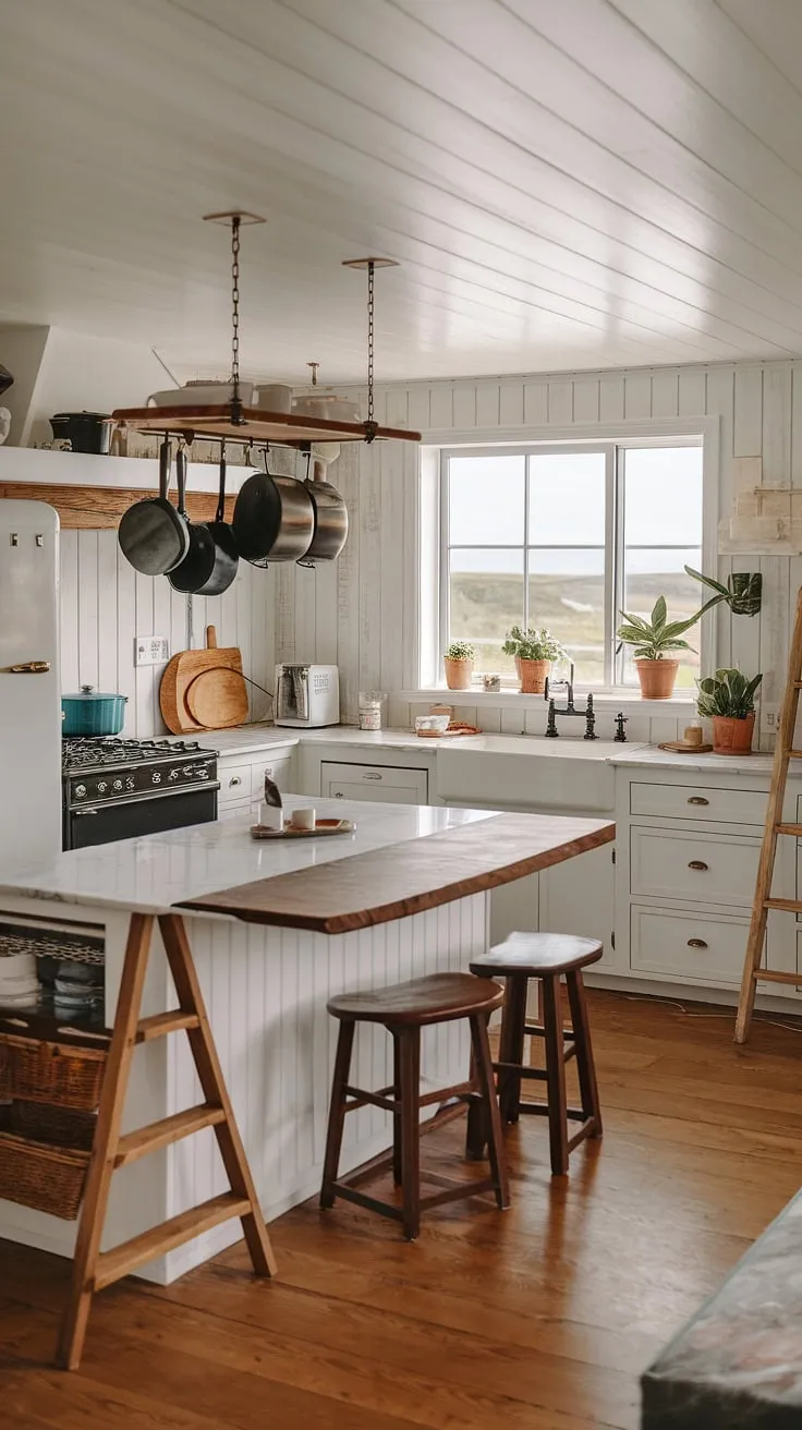 Sunlight streams into this stunning coastal farmhouse kitchen, illuminating the perfect harmony of white cabinets, marble surfaces, and a rustic wooden island. The view from the window is simply breathtaking, a perfect complement to the carefully curated space. This kitchen is more than just a room; it's a sanctuary where modern convenience meets timeless charm.