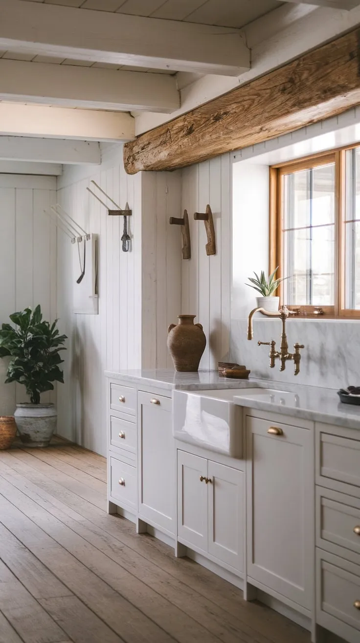 Sunlight streams into this charming coastal farmhouse kitchen, illuminating the rough-hewn wooden beam and wide plank floors. The vintage brass faucet and simple clay pot add a touch of rustic charm, while the white cabinets and marble countertops maintain a clean, modern aesthetic. A space where comfort and style seamlessly coexist.