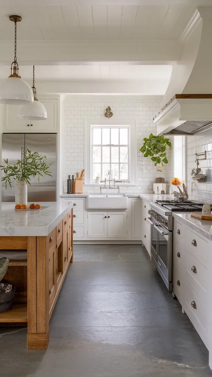 A stunning coastal kitchen in a New England farmhouse. The crisp white cabinets and marble countertops create a bright and airy space, while the wooden island and grey tile floor add a touch of rustic warmth. A perfect example of how to blend modern design with classic New England style.