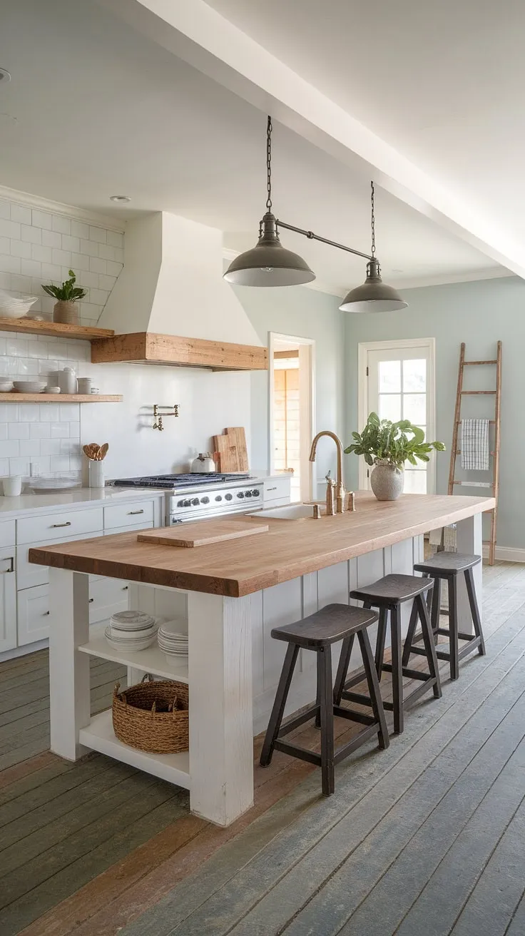 Coastal farmhouse charm meets modern functionality in this kitchen. The weathered wood floors, light blue walls, and butcher block island create a space that's both inviting and effortlessly stylish. A wooden ladder adds a touch of rustic character, while the open shelving and potted plants bring a sense of warmth and life to the heart of the home. This is where memories are made.