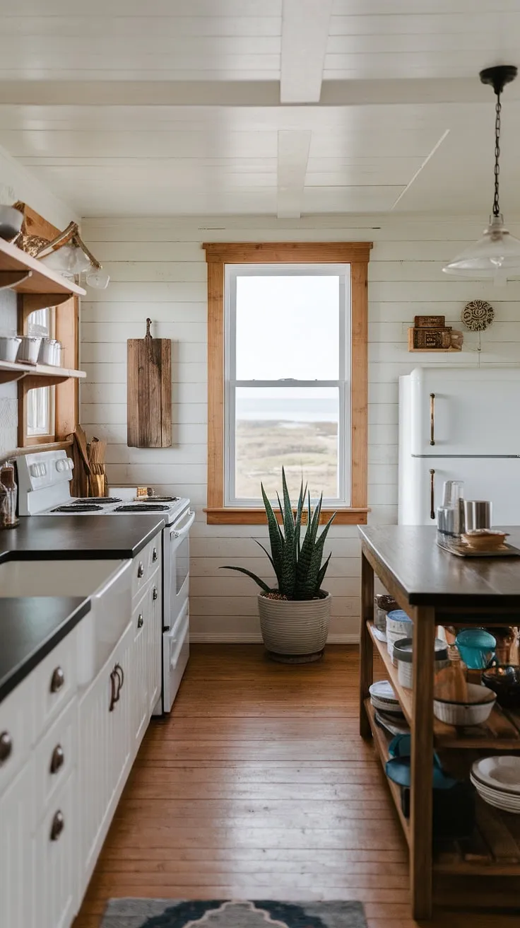 Sunlight streams into this airy coastal farmhouse kitchen, illuminating the crisp white cabinetry and dark countertops. A wooden island anchors the space, providing both practicality and warmth. The view? Simply breathtaking. A true sanctuary.